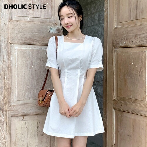 スクエアネックピンタック半袖ワンピース・p661217