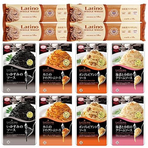 ABO カチプラ これがあれば完成! 海鮮パスタセット(ラティーノ 全粒粉スパゲッティ 350g x4個MCC食品海老と小柱のクリームソース 130gMCC食品カニのトマトク