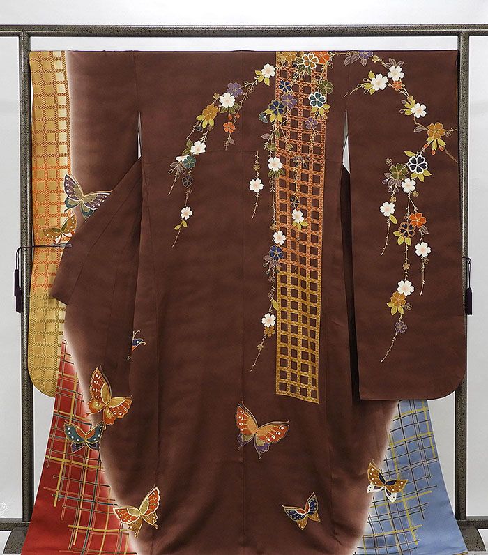 振袖 正絹 KANSAI 山本寛斎 格子桜蝶々模様 身丈166.5cm 裄丈69cm 振袖 リサイクル 中古 着物 成人式 結婚式 e4033