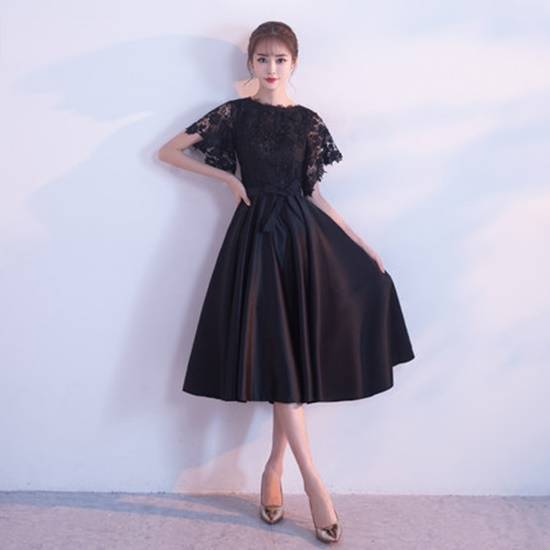 再入荷品パーティードレス ミモレ丈 演奏会 ドレス 結婚式 パーティー お呼ばれ 二次会 黒 ブラックドレス フレア 半袖 レース リボン フォーマル エレガント 華やか 20代 30代 大きいサイズ