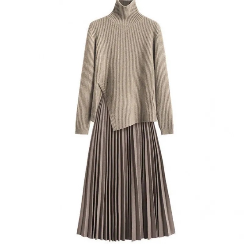 【輝いて超人気】 2点TYPE ハイネックニット+ギャザースカートワンピースセット