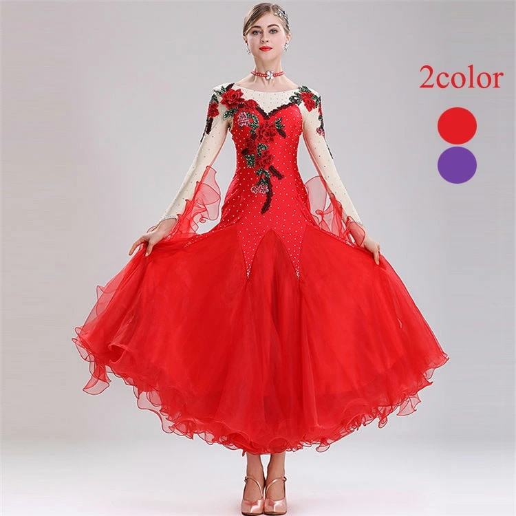 社交ダンス 衣装 おしゃれ 花柄 パーティードレス ロング ワンピース 花柄 Aライン 長袖 ラテンダンス ワルツ チャチャ お呼ばれ キャバドレス 練習着 競技用 インターナショナルダンス 舞台 ス