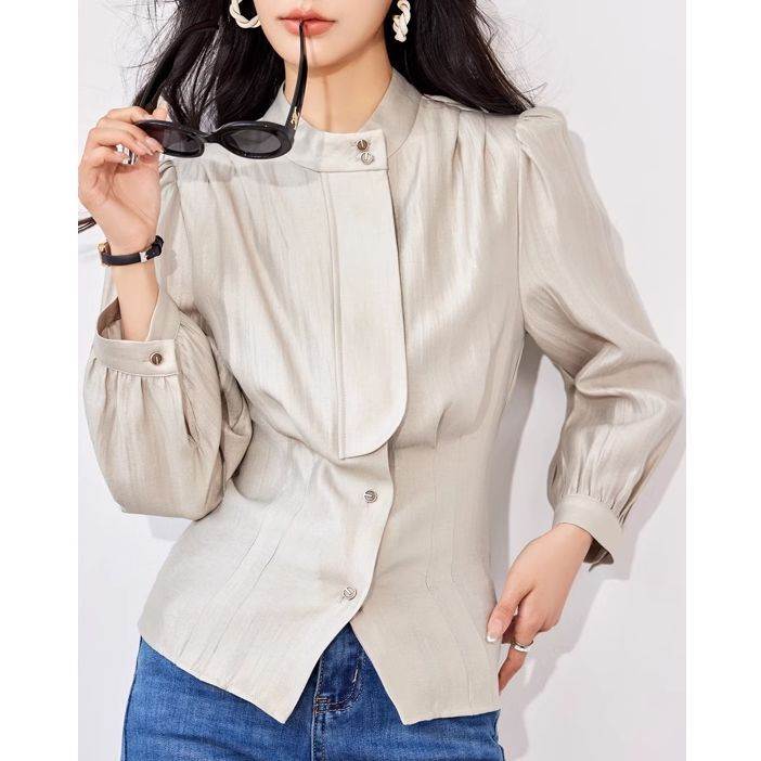 トップス レディース 長袖シャツ 羽織り シャツジャケット 薄手 長袖 スタンドカラー 前開き ボタン 肩タック パフスリーブ 大人可愛い きれいめ シンプル 大人 上品 おしゃれ お洒落 きれいめ