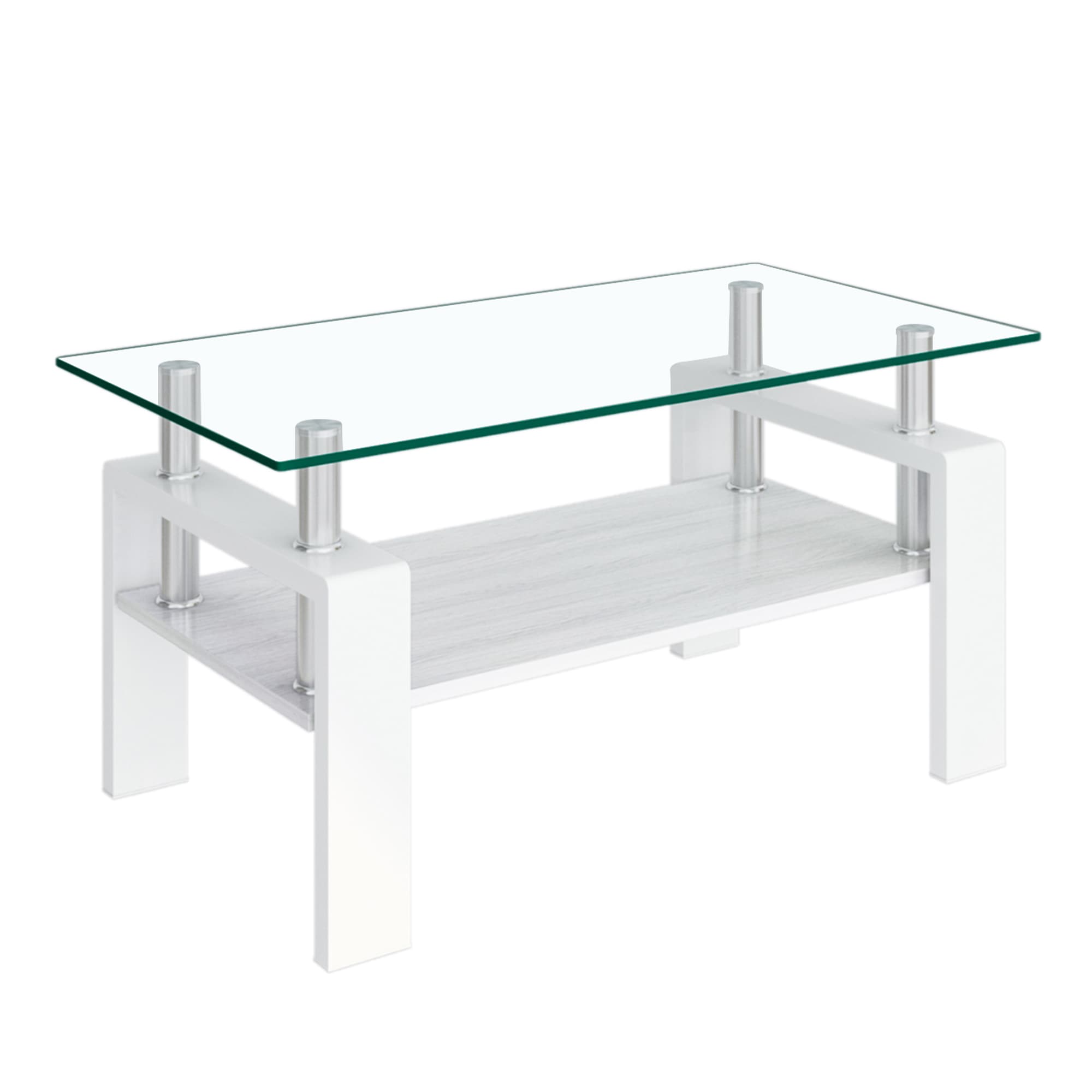 モダン長方形コーヒーテーブル 強化ガラス天板+MDF収納棚 リビング用 クリアガラス+ホワイト脚
