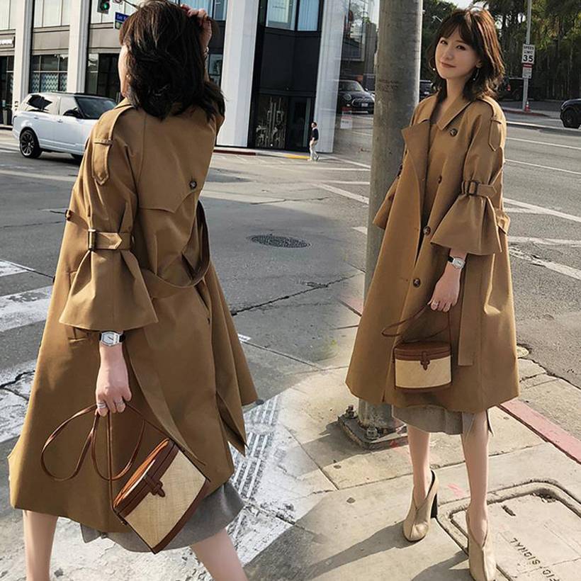 再入荷商品アウター コート トレンチ ベルト ボリューム袖 トランペット袖 ベルスリーブ 無地 シンプル トレンド 新作 クラシカル 通勤 OL 大きいサイズ