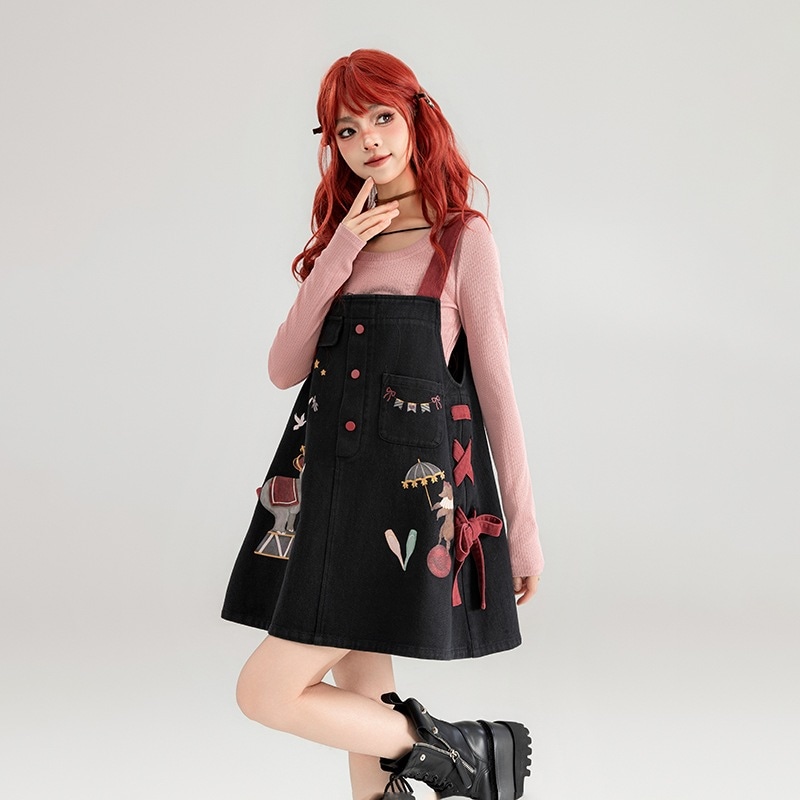 【高品質です】サーカスシリーズ プリントデニムサスペンダースカート 2024夏 甘くてクールなゴーストホースガールドレス