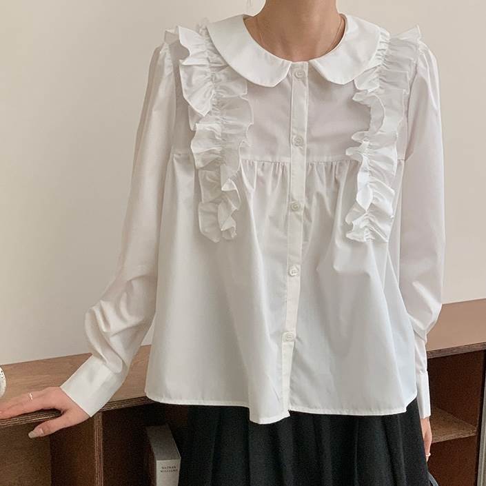 トップス レディース シャツ ブラウス 白シャツ 個性的 春 秋 冬 裾長め 裾イン 長袖 襟付き 丸襟 前開き フリル ボタン ホワイト ブルー 無地 S M L 大学 パーティー イベント 仕事