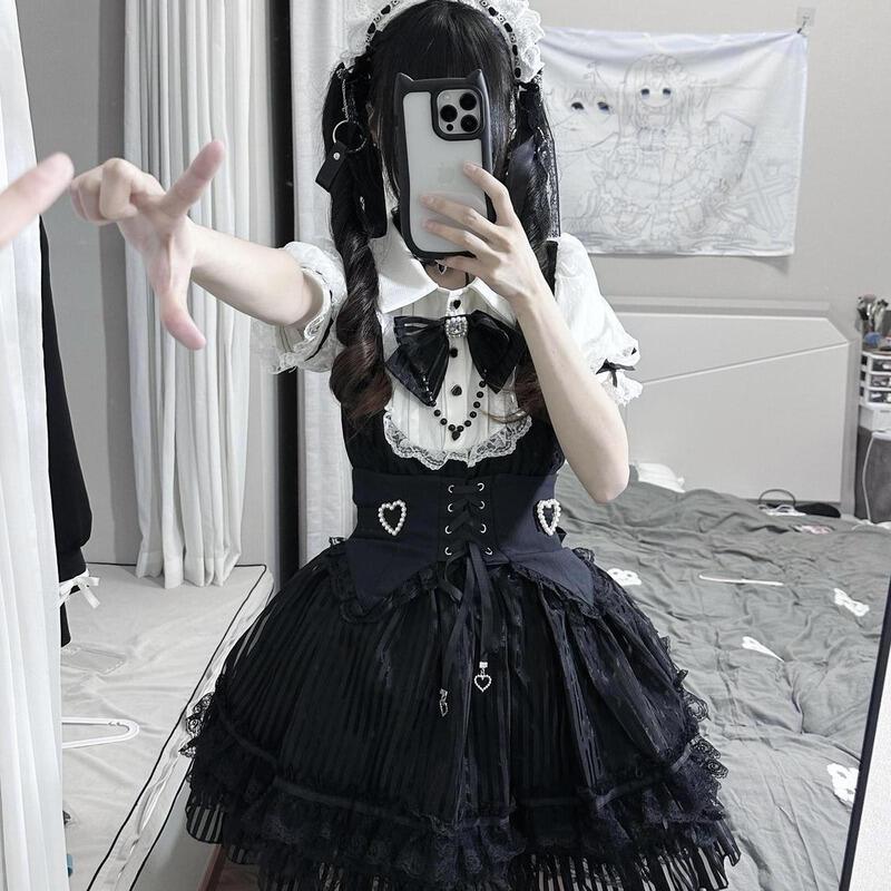 女性のための夏の新しい暗いスタイルの女の子のロールプレイングフィールポロカラーフェイクドレスウエスト痩身ウエストバンド冬のドレスツーピースセット