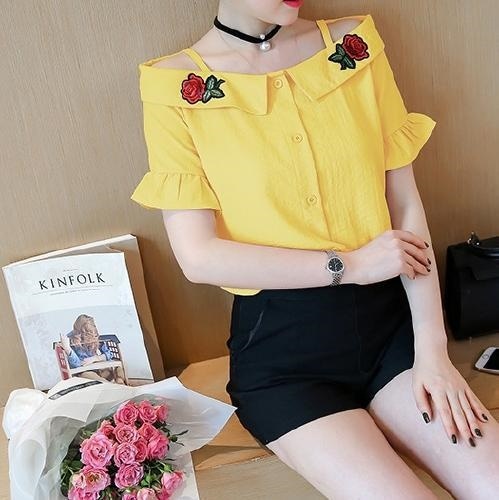 2236.花柄刺繍 フリル トップス(イエロー)