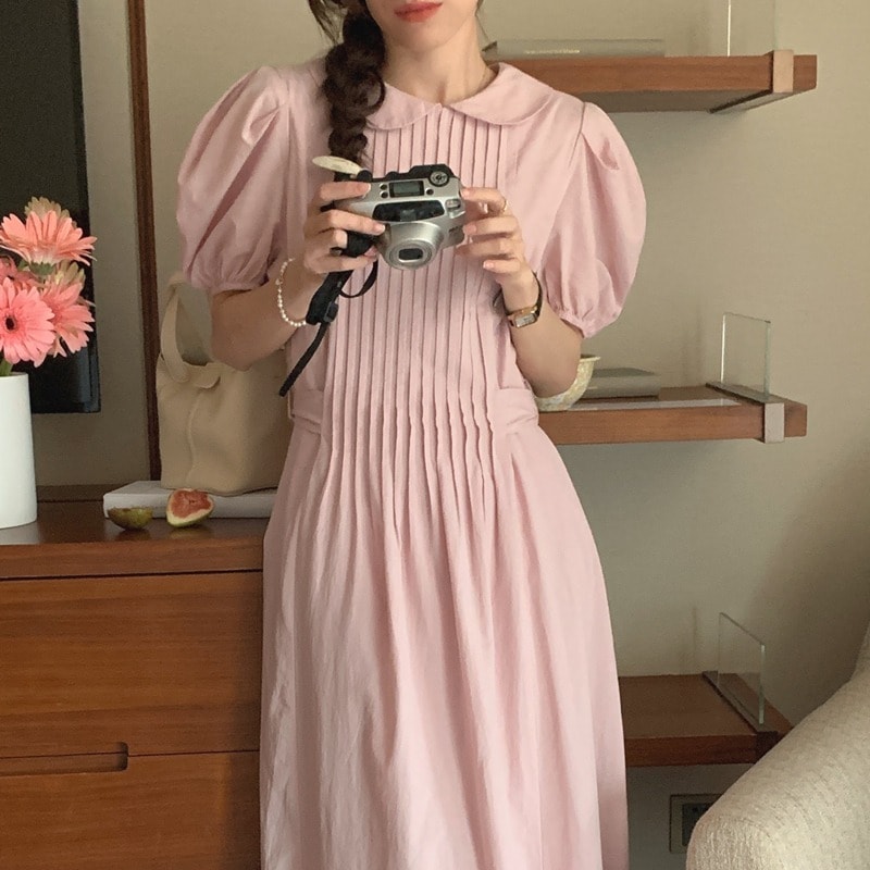 レトロ パフスリーブ ワンピース ミドル丈 ロング丈 ボリューム袖 フレアタイプ 襟付き ラウンドネック 上品 袖あり 半袖 かわいい 大人可愛い おしゃれ フェミニン 大人女子 ラブリー フォーマル