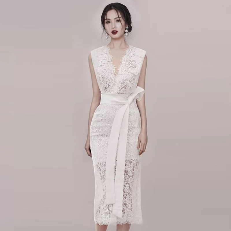 夏 レースワンピース Vネック ハイエンド イギリス高級感 フォーマル ミドルウエスト プルオーバー