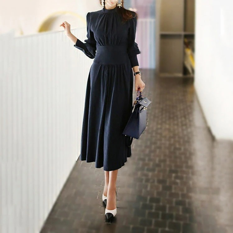 レディース 春秋 黒い 長袖 ワンピース ロング丈 ワンピース マキシワンピ パーティー 発表会 OL