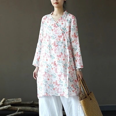 オリジナル春秋婦人服品ラミー麻小花長袖カーディガントップスゆったりスタンドカラープリントシャツ
