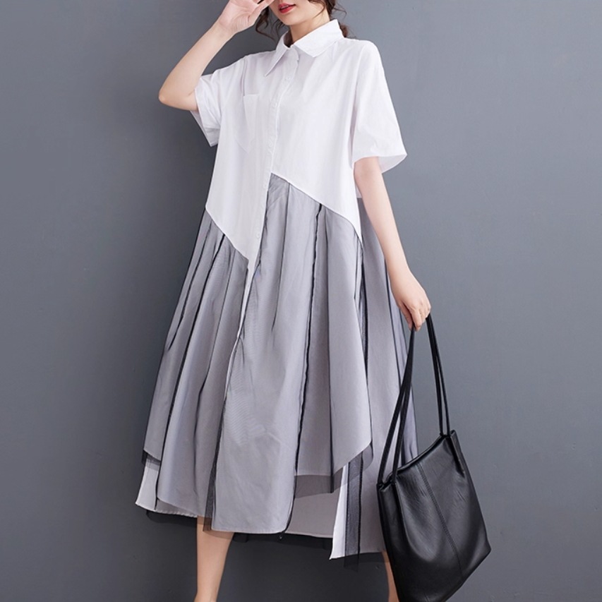 ワンピース ドレス ミモレ 襟付き セミフレア Aライン プリーツ 前開き 大人可愛い きれいめ シンプル カジュアル おしゃれ レトロ ラフ ルーズ 個性的 クール 存在感 学生風 ベーシック