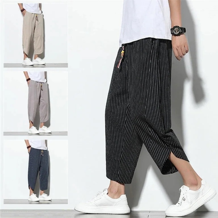 【在庫一掃セ一ル】七分丈パンツ メンズ 涼しい ロングパンツ ストライプ柄 ボトムス パンツ 夏 薄手 快適 大きいサイズ カジュアルパンツ