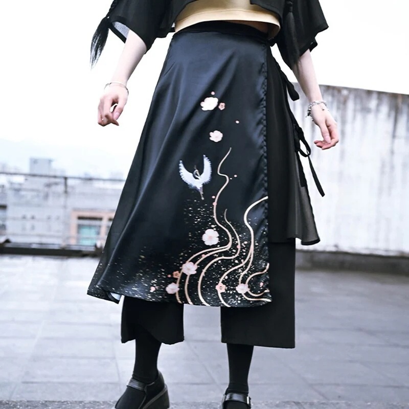 チャイナ風ズボン キュロットスカート 黒 ボトムス 不規則 梅&鶴プリント 合わせやすい