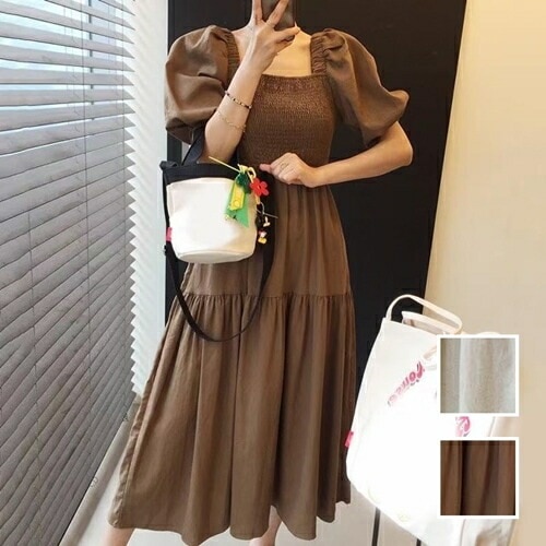ワンピース カジュアル ロング マキシ丈ワンピ 韓国 ファッション レディース 春 夏 カジュアル コーデ シンプル 定番 セレカジ 20代 30代 40代 2025 パフスリーブ ハイウエスト