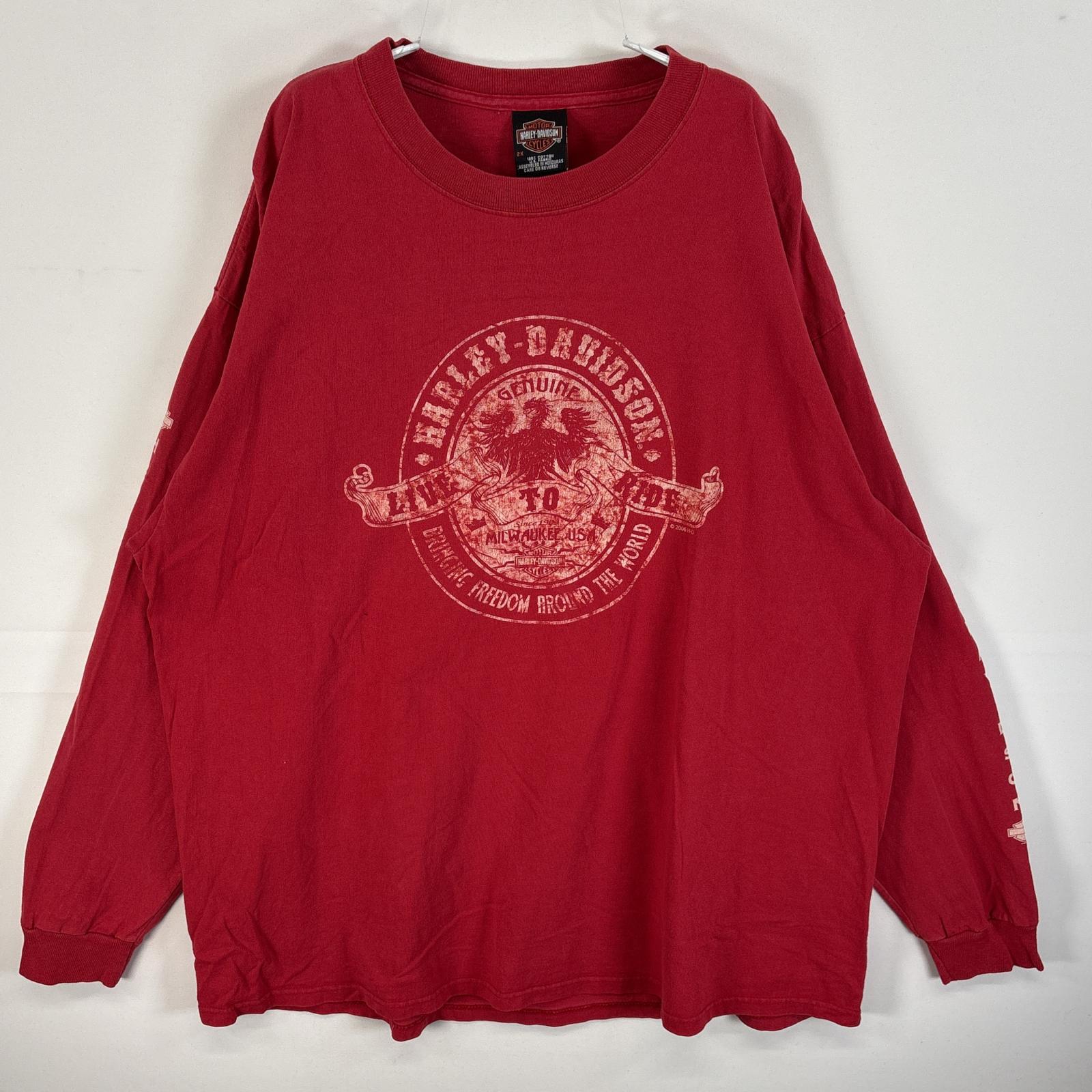 古着 長袖Tシャツ 両面 袖 ラバープリント 大きいサイズ クルーネック 2X レッド メンズ