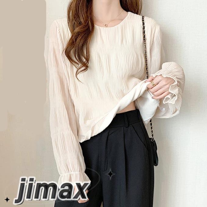 ブラウス 春 シフォン シャーリング ギャザー レディース シアー レース 裏地付き トップス シアートップス レイヤード ハイネック フレア袖 裏起毛 シャーリングシフォントップス 春 裏地付き 長