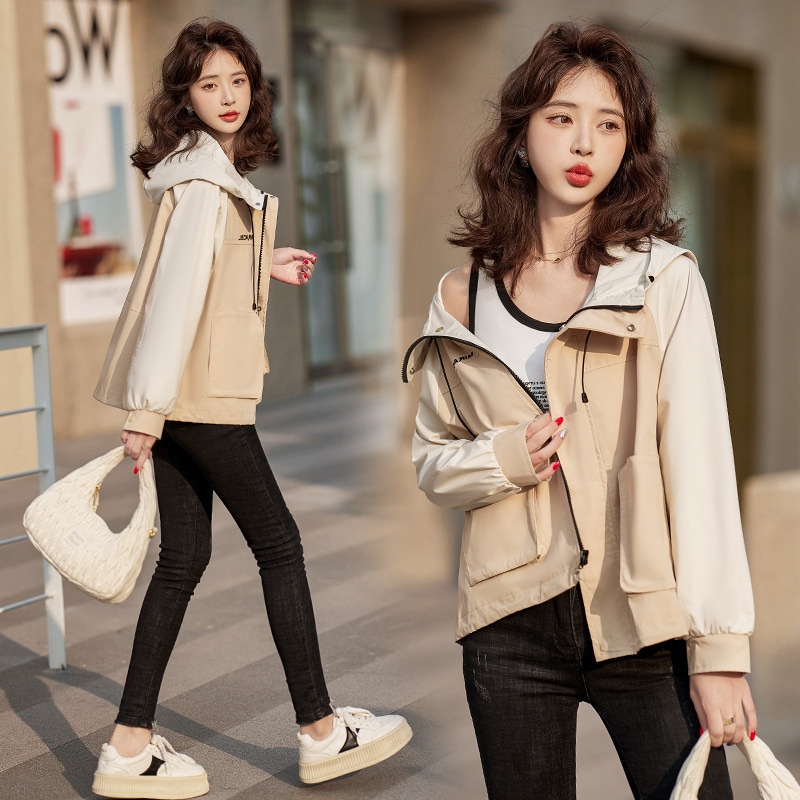 新作早春ジャケットレディースショート丈韓国風ゆったりコントラストカラーステッチ刺繍フード付きカジュアルワークウェアウィンドブレーカー