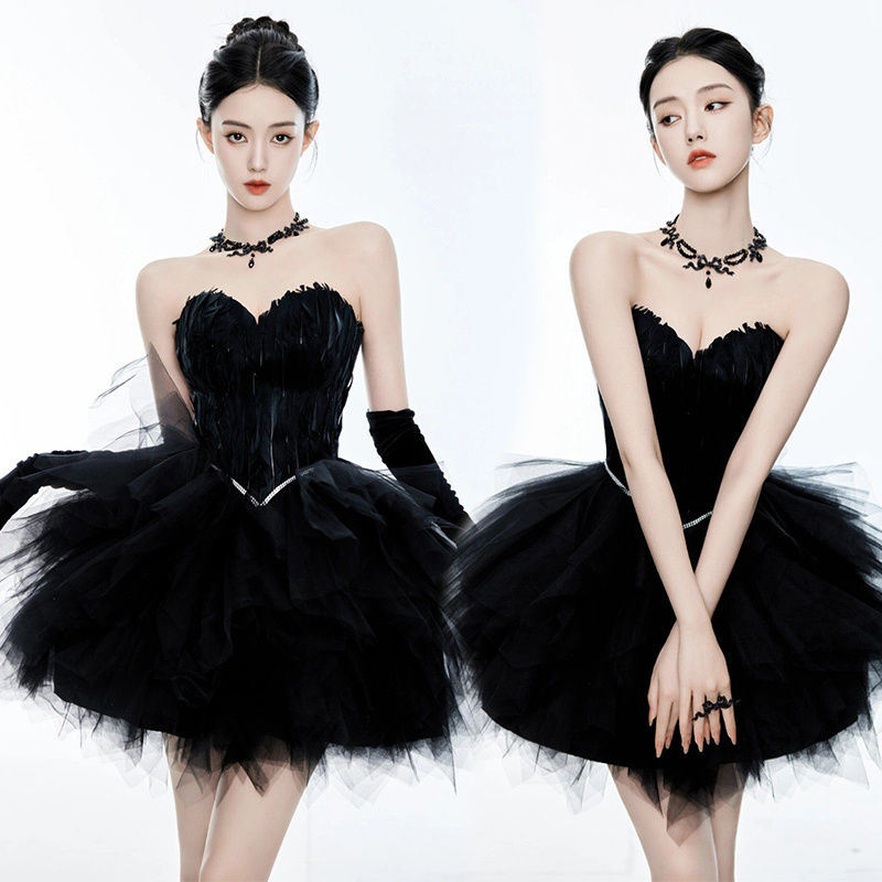 フォトスタジオガールドレスダークエルフチュチュスカートコスムバレエブラック誕生日写真スカート