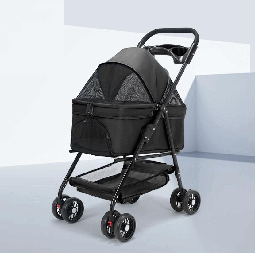 ペットカート ベビーカー 犬 バギー 小型犬 中型犬 猫 多頭用 カート 4輪 軽量コンパクト 折りたたみ可 飛び出し防止リード2本付き 前輪360回転 後輪ブレーキ付き 組み立て簡単 安全設計