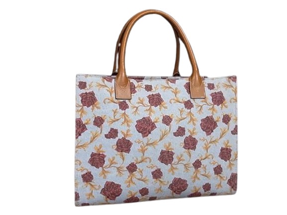 ヴェルサーチェ ハンドバッグ - キャンバス×レザー - バラ フラワー ライトブルー系×ブラウン系 ショルダーバッグ トートバッグ ショッピングバッグ 鞄 ブランド【本物保証】