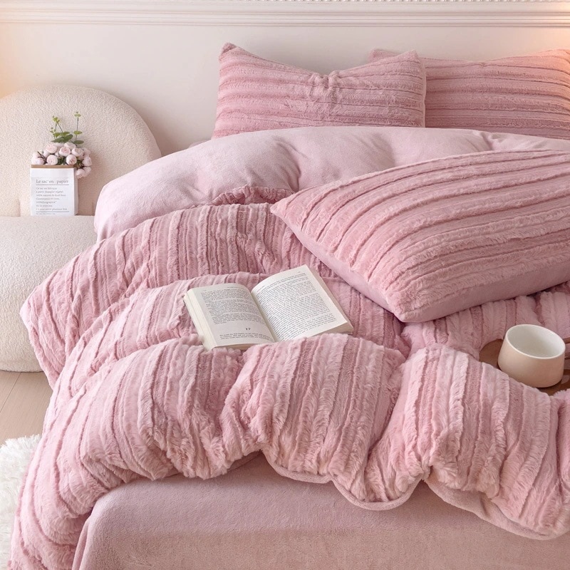 冬用ウォームミルクベルベット4点セットウサギぬいぐるみベッドシーツキルトカバーコーラルベルベット寝具3点セット