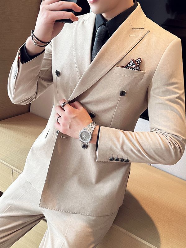 スーツ 秋 新品 ダブルボタン スリム 三点セット ノーアイロン