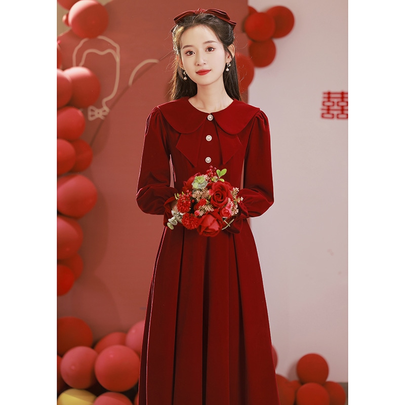 ドレス花嫁ベルベット2025エンゲージメントバックドアレッドドレス女性のための冬の長袖秋と冬の小さな人 5,301円