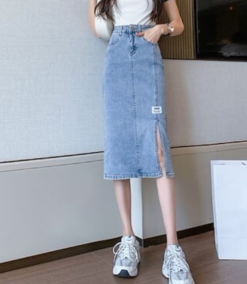 スカート ペンシルスカート デニムスカート 膝下 ミディアム丈 ミドル丈 スリム タイト 細身 デニム ブルーデニム カラーデニム かわいい 大人可愛い きれいめ シンプル カジュアル 大人