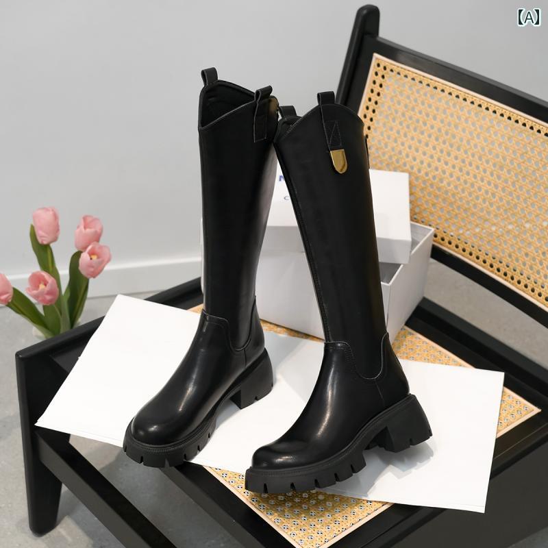 ロングブーツ レディース タイトフィット シンプル おしゃれ スタイルアップ 革 スリム V マウス ブーツ 太 ヒール ジッパー 厚底 ナイト ブーツ小 メタル バックル トール ブーツ