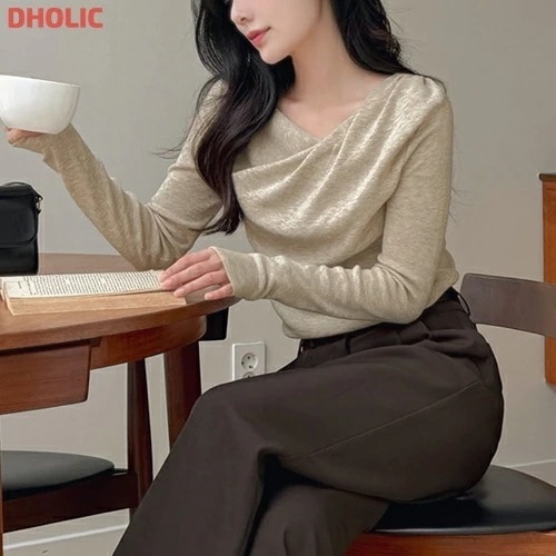 [メガ割りSALE]ドレープシャーリング長袖スリムニット