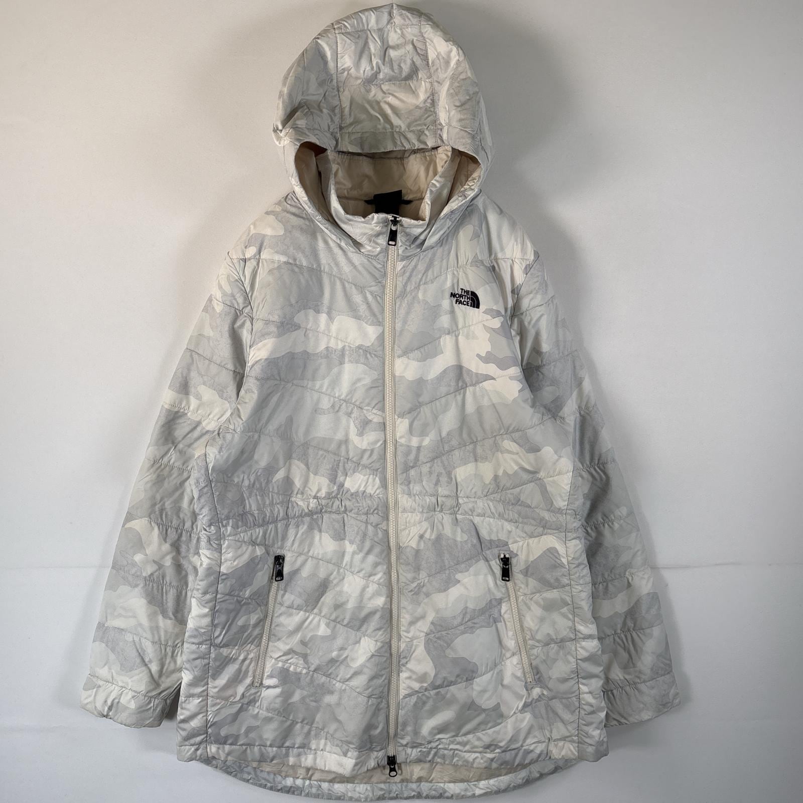 古着 中綿ジャケット ロングコート ワンポイントロゴ カモフラ柄 XL ホワイト レディース