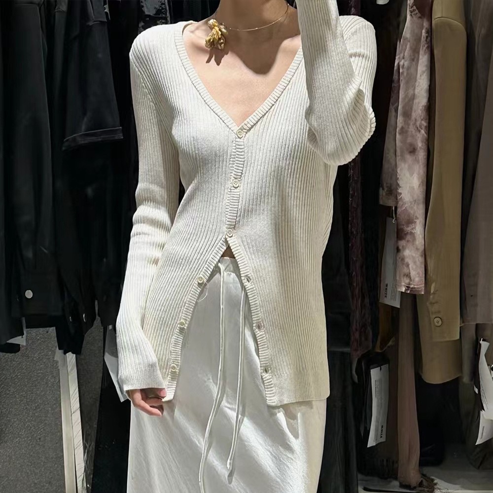 UMA WHITE Rundeng 25 春新作セーター レディース ミニマリスト スリム Vネック カーディガン Tシャツ