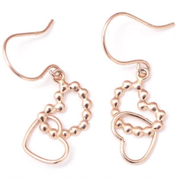 me on フックピアス レディース みぃおん K10 10金 ダブルハート 立体感 揺れる フリンジピアス 可愛い 女性らしい 小ぶり 小さめ カジュアル フォーマル パーティー ピンクゴールド プ