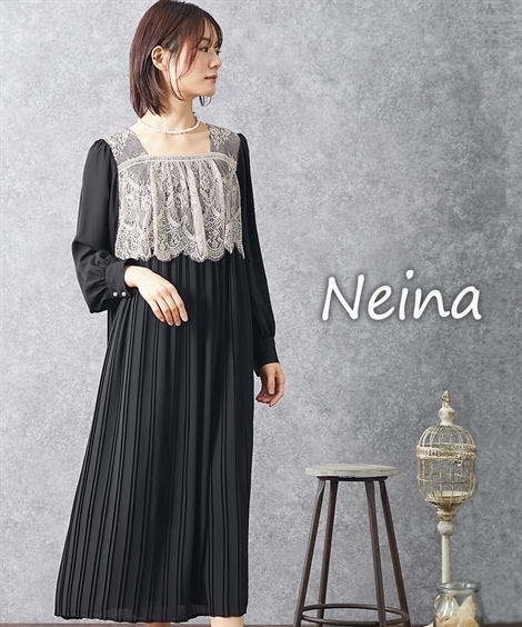 ドレス 結婚式パーティードレス フロントレースダブルプリーツワンピースドレス 大きいサイズ有 Neina