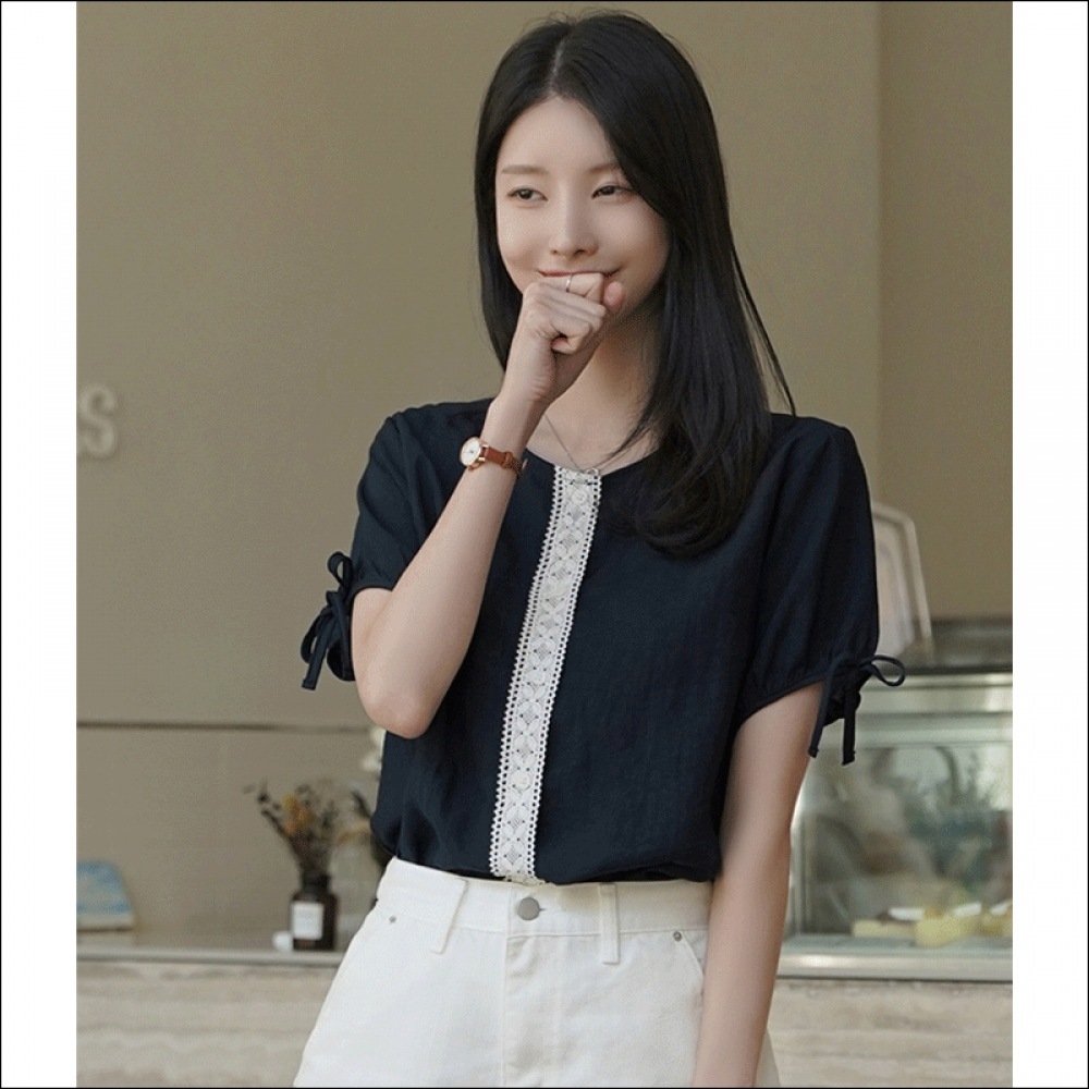 クリック＆ファニーショレットリボンリネン刺繍ブラウス