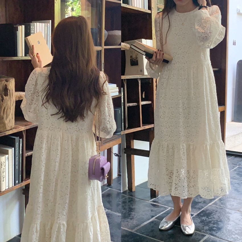 ワンピース ロングワンピース プルオーバー フレアワンピース ワンピドレス ロング丈 長袖 パフスリーブ クルーネック Aライン レース ハイウエスト 透け感 シースルー 大人可愛い きれいめ