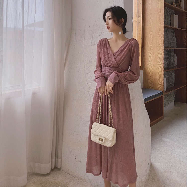 ワンピース アンクル丈 袖あり 長袖 Vネック 大人可愛い きれいめ シンプル カジュアル 大人 上品 おしゃれ エレガント モダン 春 夏 秋 冬 オールシーズン シーズンレス 10代 20代