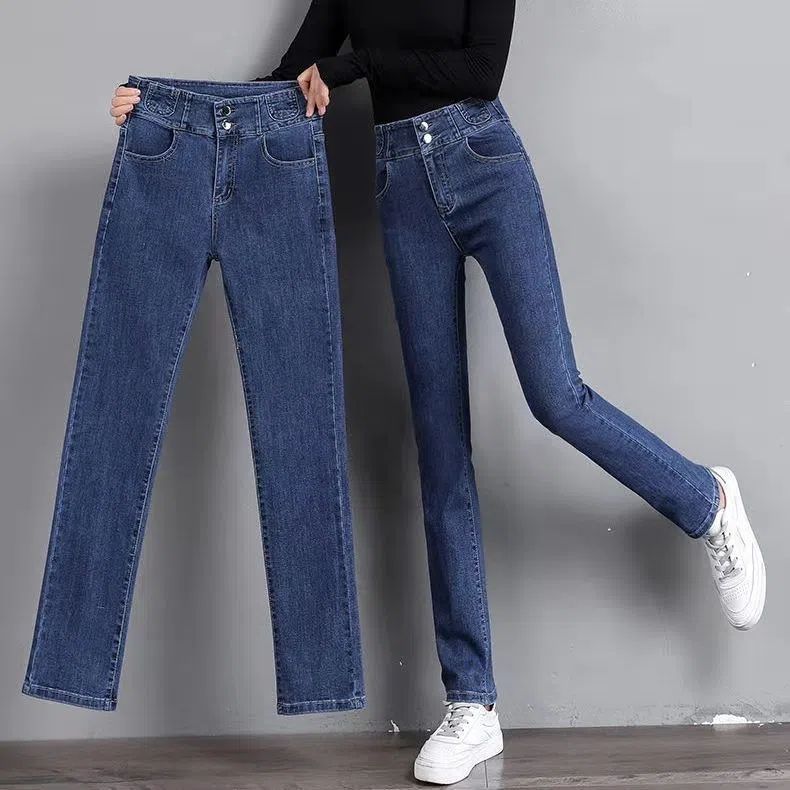 デニムボトムスハイウエストストレッチストレートジーンズ女性2025型韓国煙管長ズボン