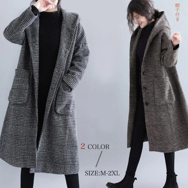 【急速出荷!】チェスターコート レディース コート ロング丈 フード付き トレンチコート ラシャ アウター 千鳥柄 カジュアル 秋冬 ゆったり 防風 防寒 上品