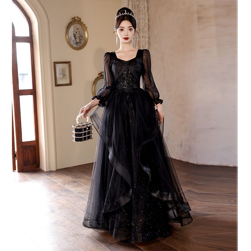 女性のための黒の宴会イブニングドレス2025高貴でエレガントな誕生日ホストロングスタイル高度な