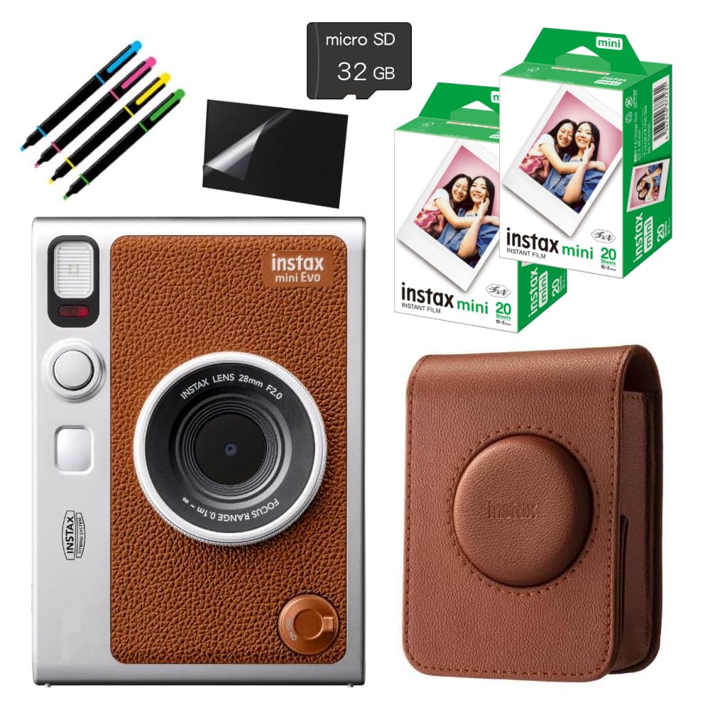 チェキ instax mini Evo＆ケース＆チェキフィルム40枚＆microSD32GB＆液晶保護フィルム＆デコペン (ブラウン, 7点セット)