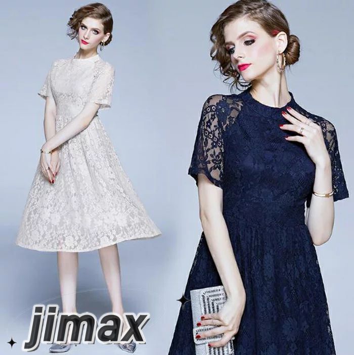 結婚式 ワンピース パーティードレス ミモレ丈 総レース 袖あり 半袖 結婚式 ワンピース パーティードレス ロング ベージュ ブルー 大きいサイズ　入園式 二次会 謝恩会 同窓会 服装 発表会 大人