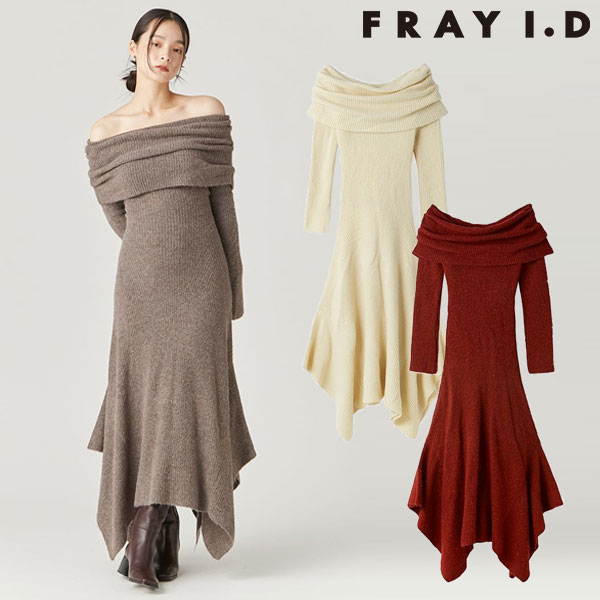 【SALE40%OFF】【即納】フレイアイディー FRAY I.D ワンピース 24秋冬 オフショルアシメヘムニットワンピース 長袖 オフショルダー ニットワンピ ロング丈 fwno245068