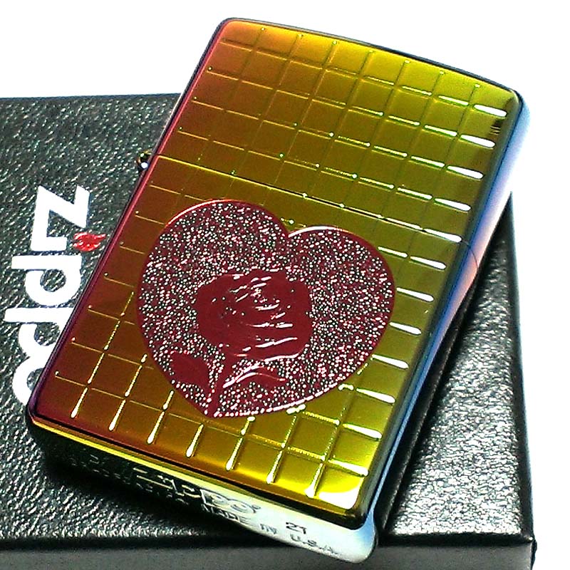 ZIPPO ライター ハート ローズ ジッポ レインボー ミラー仕上げ 虹色 薔薇 チタンコーティング かわいい おしゃれ レディース 女性 ギフト プレゼント