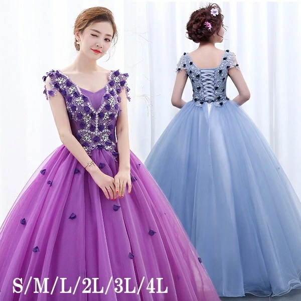 送料無料 ロングドレス カラードレス 演奏会 ピアノ 発表会 ロング 大人 ステージ 衣装 大きいサイズ 袖付き パープル ブルー 舞台 コンサート 編み上げ【S/M/L/2L/3L/4L】da117