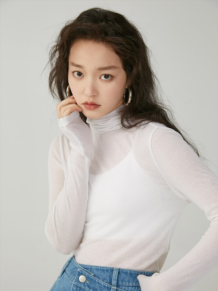 カットソー トップス タートルネック 長袖 シースルー 透け感 薄手 大人可愛い かわいい シンプル おしゃれ 無地 春 秋 冬 デート 学生 お出かけ デート 韓国 モテ ホワイト