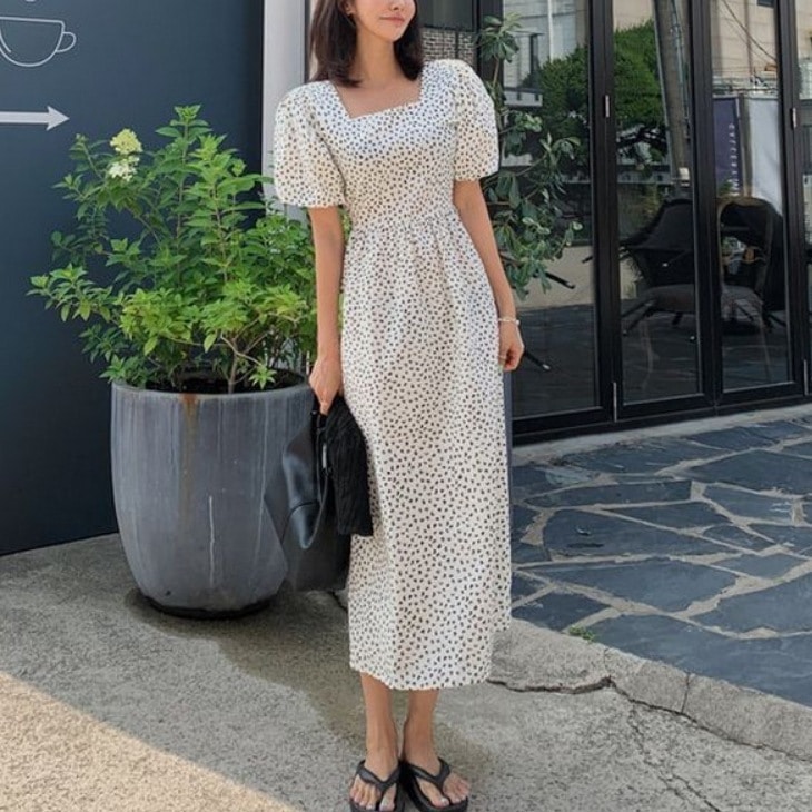 ロングワンピース ワンピース デート ロングスカート フレアスカート フレアワンピース ミモレ丈 ロング 袖あり 半袖 パフスリーブ スクエアネック 襟なし フレア Aライン ウエストマーク